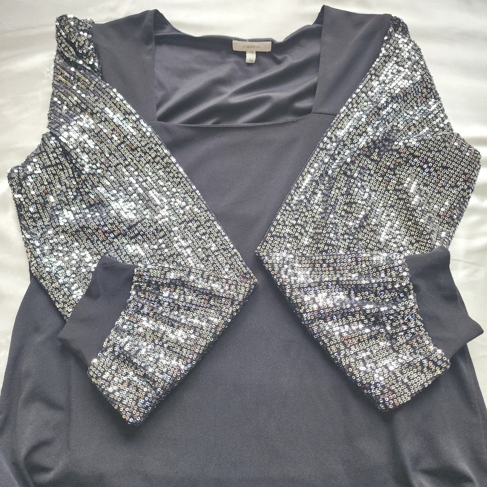 Maurices Womens Black Sequin Balloon Sleeve Blouse Top Silver M Party Holiday - Picture 9 of 10